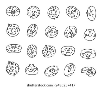 Cute cartoon kawaii donut. Coloring Page. Sweet doughnuts characters. Hand drawn style. Vector drawing. Collection of design elements.