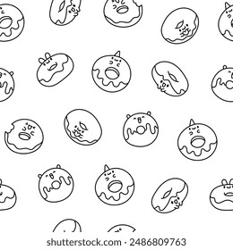 Cute cartoon kawaii donut. Seamless pattern. Coloring Page. Sweet doughnuts characters. Hand drawn style. Vector drawing. Design ornaments.