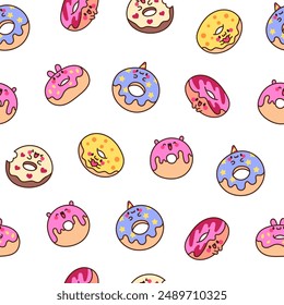 Cute cartoon kawaii donut. Seamless pattern. Sweet doughnuts characters. Hand drawn style. Vector drawing. Design ornaments.