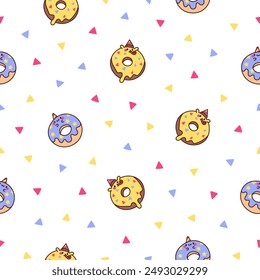 Cute cartoon kawaii donut. Seamless pattern. Sweet doughnuts characters. Hand drawn style. Vector drawing. Design ornaments.