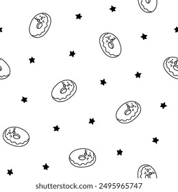 Cute cartoon kawaii donut. Seamless pattern. Coloring Page. Sweet doughnuts characters. Hand drawn style. Vector drawing. Design ornaments.