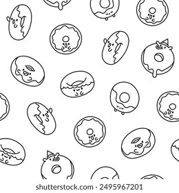 Cute cartoon kawaii donut. Seamless pattern. Coloring Page. Sweet doughnuts characters. Hand drawn style. Vector drawing. Design ornaments.