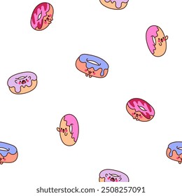 Cute cartoon kawaii donut. Seamless pattern. Sweet doughnuts characters. Hand drawn style. Vector drawing. Design ornaments.