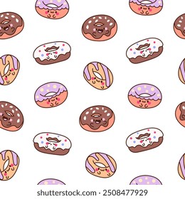 Netter Cartoon Kawaii Donut. Nahtloses Muster. Süße Donuts. Handgezeichneter Stil. Vektorgrafik. Gestalten Sie Ornamente.