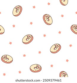 Cute cartoon kawaii donut. Seamless pattern. Sweet doughnuts characters. Hand drawn style. Vector drawing. Design ornaments.