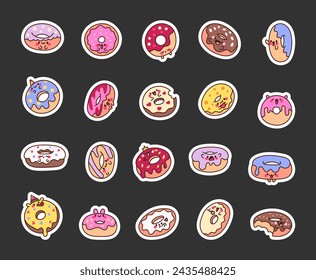 Cute cartoon kawaii donut. Sticker Bookmark. Sweet doughnuts characters. Hand drawn style. Vector drawing. Collection of design elements.