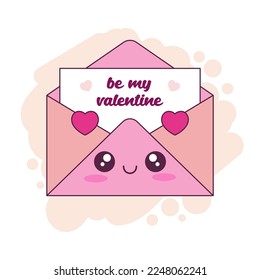 Cute cartoon kawaii envelope character  Hand drawn Valentines day greeting card and text Be my Valentine  Love  romantic concept 