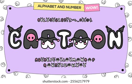 Cute cartoon kawaii font in black and pink color with symbols and numbers.