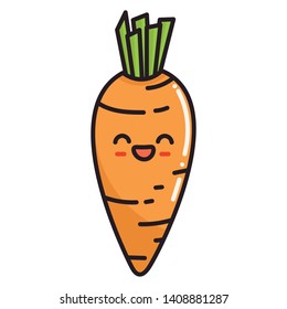 Cute, cartoon, kawaii food, carrot. Vector isolated image of a carrot, healthy vegetable, plant, tops, root. Sweet face. Character, mascot. Image for poster, postcard, fabric print, childrens clothes.