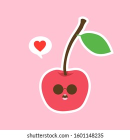 Cute, cartoon, kawaii food, cherry or cherries. Vector isolated image of a cherry, fruit. Sweet face, muzzle. Isolated characters, mascots. Image for poster, postcard, fabric print, childrens clothes.