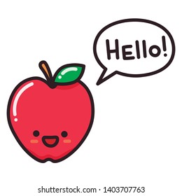 Cute, cartoon, kawaii food. Vector isolated image of a apple, ripe fruit. Sweet face, muzzle. Isolated character, mascot. Thought cloud "hello", handwritten font. Image for poster, card, fabric print.