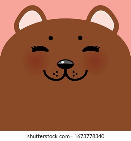 Cute Cartoon Kawaii funny brown bear muzzle with pink cheeks and  closed eyes. Card banner design Nursery decor trend of the season, scandinavian style. Vector