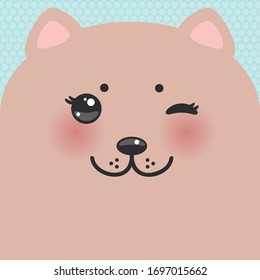Cute Cartoon Kawaii funny brown cat muzzle with pink cheeks and wink eyes on blue polka dot background. Card banner design Nursery decor trend of the season, scandinavian style. Vector