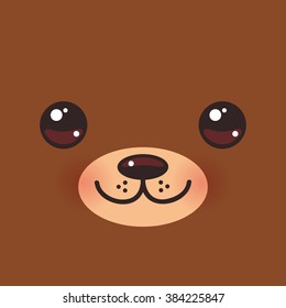 Cute Cartoon Kawaii funny brown bear muzzle with pink cheeks and big eyes. Vector