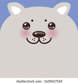 Cute Cartoon Kawaii funny grey dog muzzle with pink cheeks and big eyes on a blue background. Card banner design Nursery decor trend of the season, scandinavian style. Vector