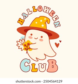 Lindo fantasma kawaii de dibujos animados en un alegre sombrero de bruja que sostiene el ramo de otoño con una frase divertida: Club de Halloween. Feliz huella espeluznante. Ilustración vectorial dibujada a mano. Concepto de vacaciones de Halloween juguetón y caprichoso