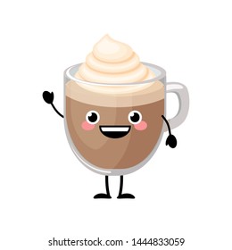 Cute cartoon kawaii glass mug with whipped cream  character vector illustration isolated on white background. Hot drink character.