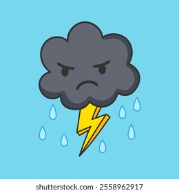 Cute cartoon kawaii gray cloud with raindrops, lightning and angry face emotions