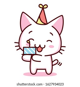 Cute Cartoon Kawaii Happy Birthday Kitten Isolated