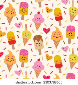 Cute Cartoon Kawaii ice cream and popsicle seamless pattern with little smiling hearts . For kids print, fabric ,textile  and wrapping paper 