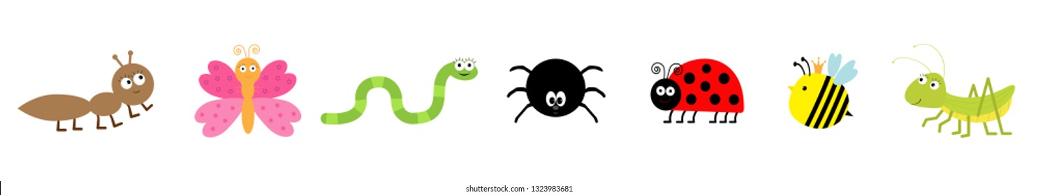 Cute cartoon kawaii insect set line. Ladybug, butterfly, worm ant, spider, honey bee, grasshopper. Flat design. Isolated White background. Vector illustration