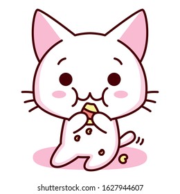 Cute Cartoon Kawaii Kitten Eating Isolated