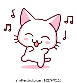 Cute Cartoon Kawaii Kitten Listening to Music Isolated