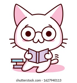 Cute Cartoon Kawaii kitten Reading Isolated