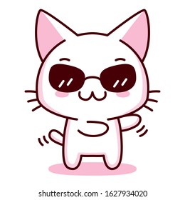 Cute Cartoon Kawaii Kitten with Sunglasses Isolated