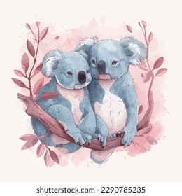 Cute cartoon kawaii koalas watercolor illustration