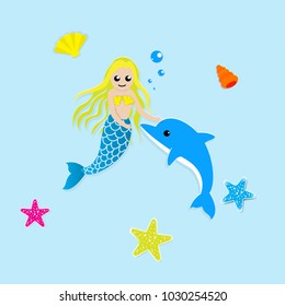 cute cartoon kawaii mermaid and dolphin,starfish,shell,paper cut,digital craft style.vector illustration.