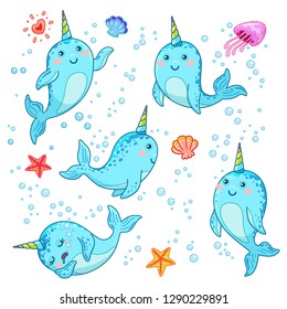 Cute cartoon kawaii narwhals with rainbow horn, funny kids character in different poses, jellyfish and shell, sleepy and cheerful, vector cute illustration