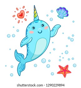 Cute cartoon kawaii narwhals with rainbow horn, funny kids character, sea star, cheerful hello gesture, vector cute illustration