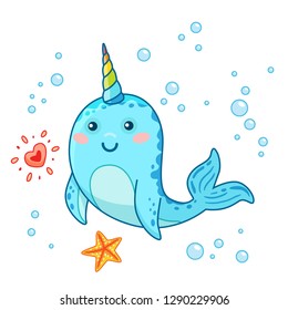 Cute cartoon kawaii narwhals with rainbow horn, funny kids character, sea star, cheerful smile, vector cute illustration