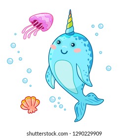 Cute cartoon kawaii narwhals with rainbow horn, funny kids character, jellyfish and shell, cheerful smile, vector cute illustration