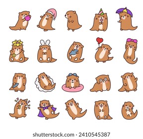 Dibujo lindo kawaii otter. Personajes de humor animal. Estilo dibujado a mano. Dibujo de vectores. Colección de elementos de diseño.