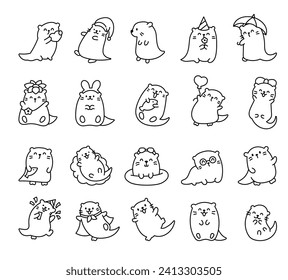 Cute cartoon kawaii otter. Coloring Page. Animal funny characters. Hand drawn style. Vector drawing. Collection of design elements.