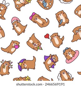 Cute cartoon kawaii otter. Seamless pattern. Animal funny characters. Hand drawn style. Vector drawing. Design ornaments.