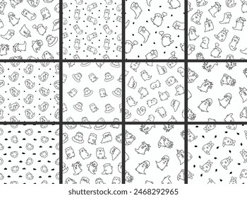 Cute cartoon kawaii otter. Seamless pattern. Coloring Page. Animal funny characters. Hand drawn style. Vector drawing. Collection of design ornaments.