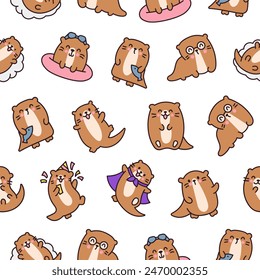 Cute cartoon kawaii otter. Seamless pattern. Animal funny characters. Hand drawn style. Vector drawing. Design ornaments.