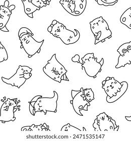 Cute cartoon kawaii otter. Seamless pattern. Coloring Page. Animal funny characters. Hand drawn style. Vector drawing. Design ornaments.