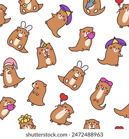 Cute cartoon kawaii otter. Seamless pattern. Animal funny characters. Hand drawn style. Vector drawing. Design ornaments.