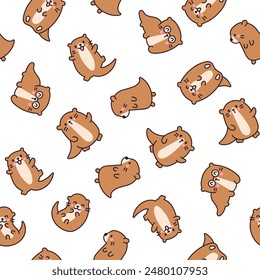 Cute cartoon kawaii otter. Seamless pattern. Animal funny characters. Hand drawn style. Vector drawing. Design ornaments.