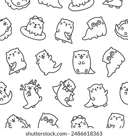 Nutria kawaii de dibujos animados. Patrón sin costuras. Página para colorear. Personajes divertidos de animales. Estilo dibujado a mano. Dibujo de Vector. Diseñar adornos.