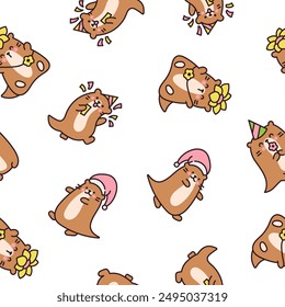 Cute cartoon kawaii otter. Seamless pattern. Animal funny characters. Hand drawn style. Vector drawing. Design ornaments.