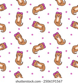 Cute cartoon kawaii otter. Seamless pattern. Animal funny characters. Hand drawn style. Vector drawing. Design ornaments.