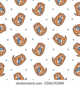 Cute cartoon kawaii otter. Seamless pattern. Animal funny characters. Hand drawn style. Vector drawing. Design ornaments.