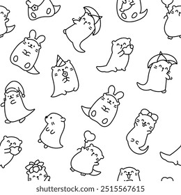 Cute cartoon kawaii otter. Seamless pattern. Coloring Page. Animal funny characters. Hand drawn style. Vector drawing. Design ornaments.