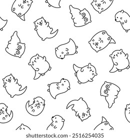 Cute cartoon kawaii otter. Seamless pattern. Coloring Page. Animal funny characters. Hand drawn style. Vector drawing. Design ornaments.