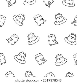 Cute cartoon kawaii otter. Seamless pattern. Coloring Page. Animal funny characters. Hand drawn style. Vector drawing. Design ornaments.